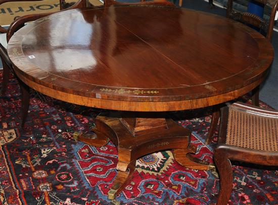 A brass inlaid circular breakfast table, W.125cm
